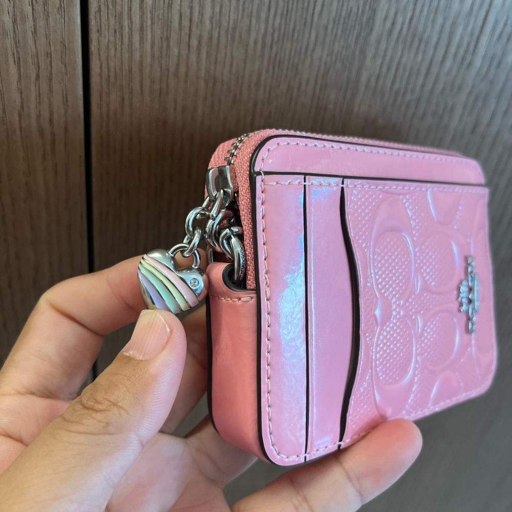 Coach Pink Signature Card Holder with Silver Chain and Heart Charm - Picture 6 of 9